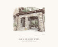 Watercolor print of the House of Happy Walls in Jack London State Historic Park, Glen Ellen, seen through its arched fieldstone entry, with the place name below