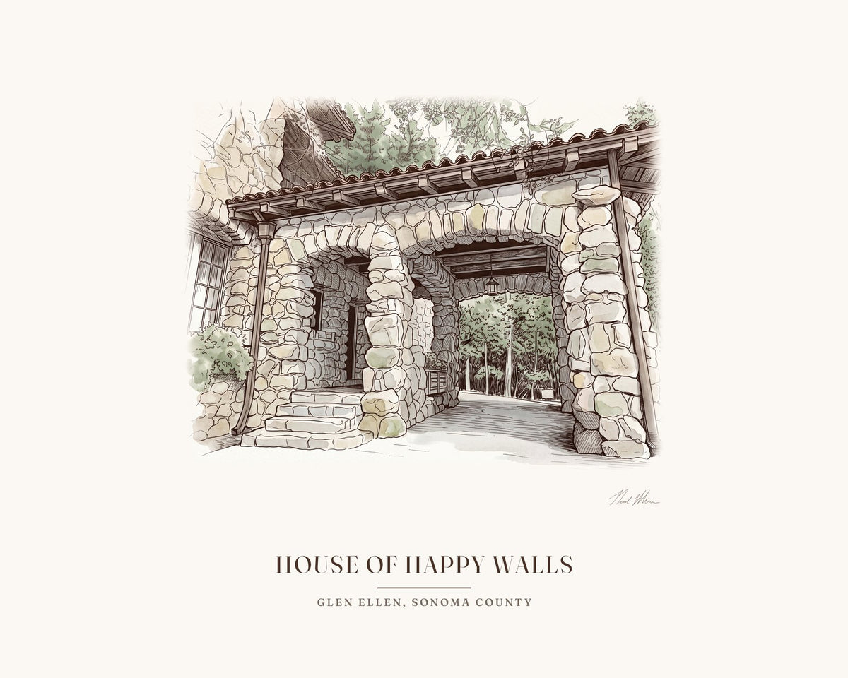 Watercolor print of the House of Happy Walls in Jack London State Historic Park, Glen Ellen, seen through its arched fieldstone entry, with the place name below