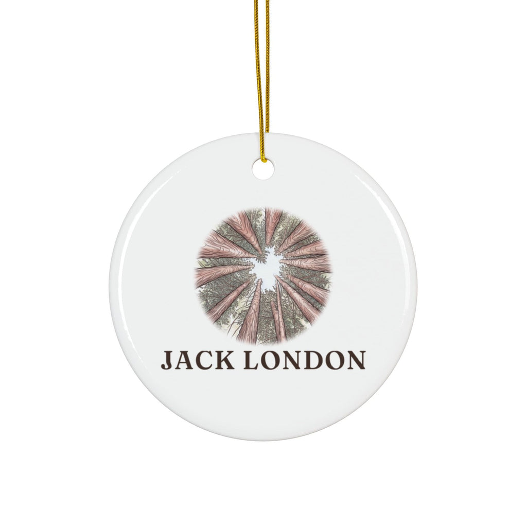 Round ceramic ornament with the Jack London redwoods in watercolor and the place name