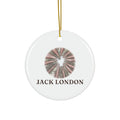 Round ceramic ornament with the Jack London redwoods in watercolor and the place name