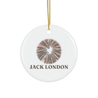 Round ceramic ornament with the Jack London redwoods in watercolor and the place name