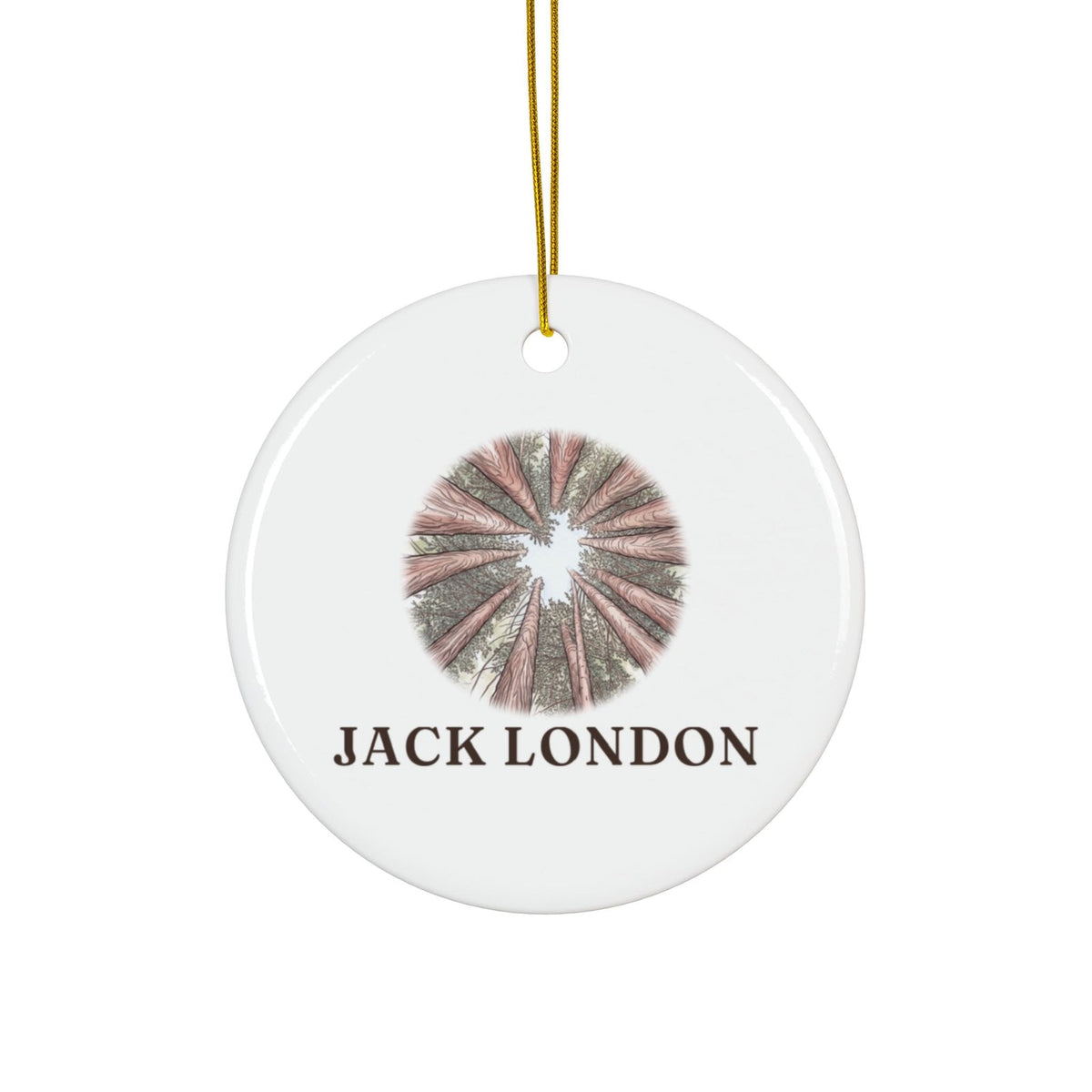 Round ceramic ornament with the Jack London redwoods in watercolor and the place name
