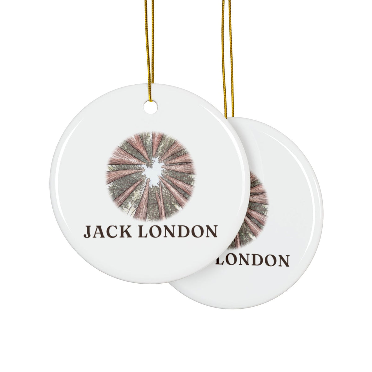 Jack London redwoods ornament, printed the same on both sides
