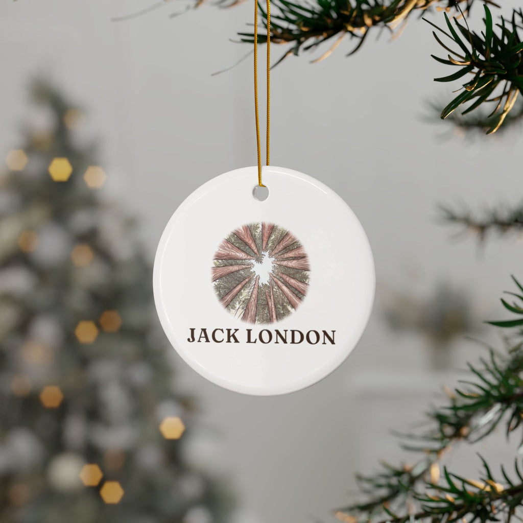 Jack London redwoods ornament hanging on a Christmas tree