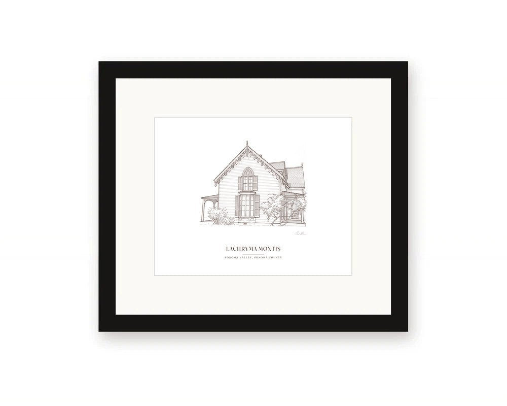Framed line drawing print of Lachryma Montis, General Vallejo's Gothic Revival house in Sonoma, with its carved trim and long front porch, with a white mat in a black frame