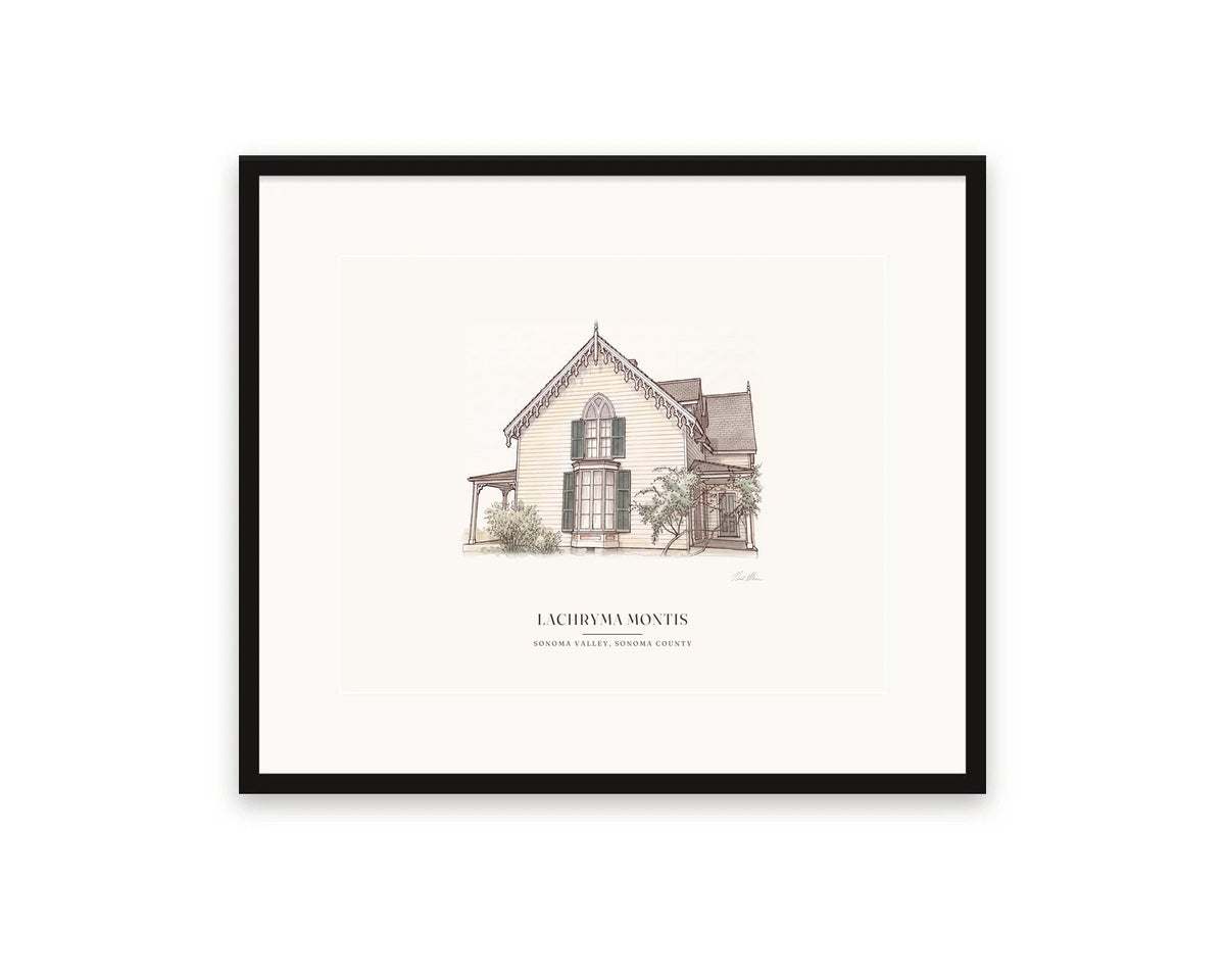 Lachryma Montis watercolor print, 20 x 16 in, in a black frame with a wide white mat