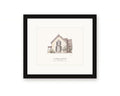 Framed watercolor print of Lachryma Montis, General Vallejo's Gothic Revival house in Sonoma, with its carved trim and long front porch, with a white mat in a black frame