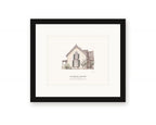Framed watercolor print of Lachryma Montis, General Vallejo's Gothic Revival house in Sonoma, with its carved trim and long front porch, with a white mat in a black frame
