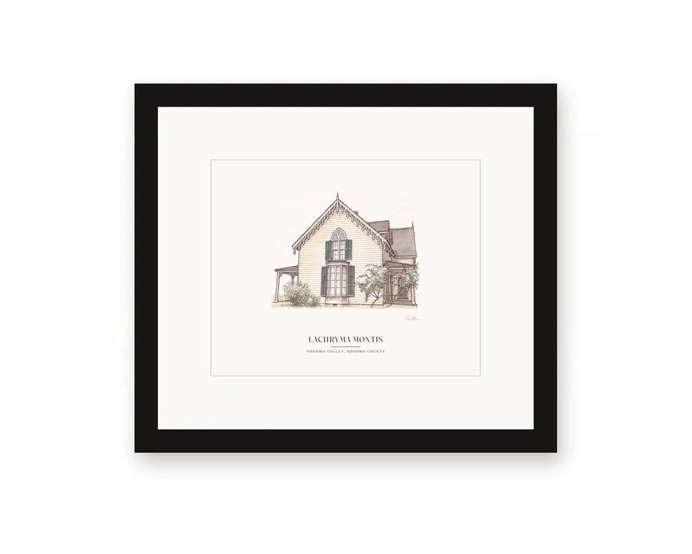 Framed watercolor print of Lachryma Montis, General Vallejo's Gothic Revival house in Sonoma, with its carved trim and long front porch, with a white mat in a black frame