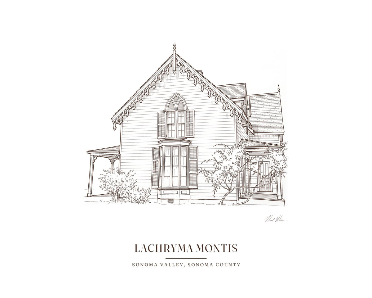 Line drawing print of Lachryma Montis, General Vallejo's Gothic Revival house in Sonoma, with its carved trim and long front porch, in brown line with the place name below