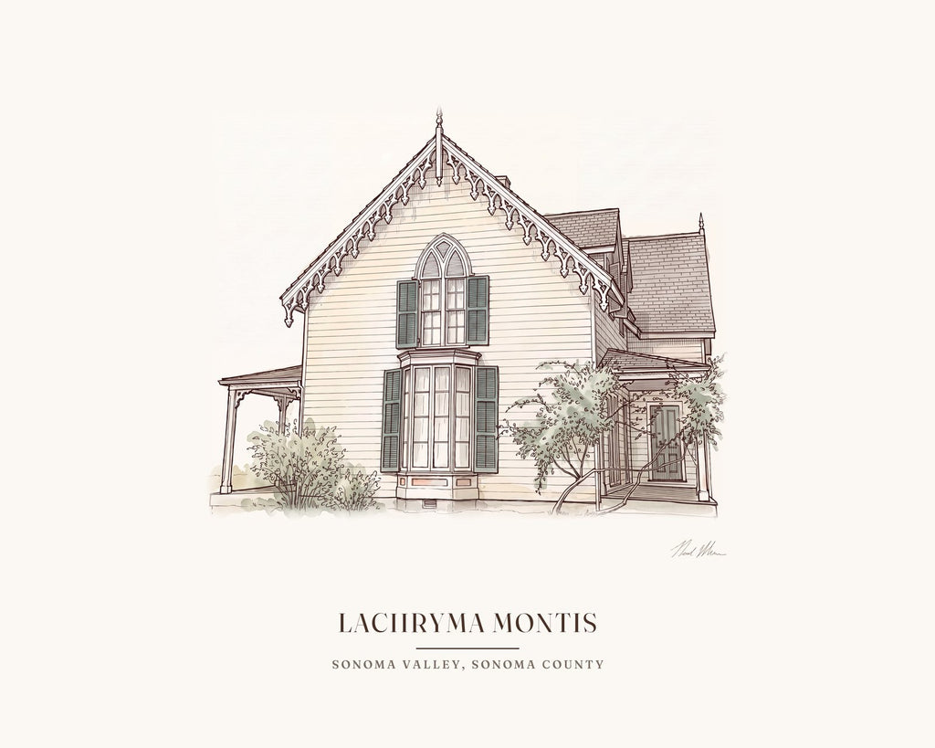 Watercolor print of Lachryma Montis, General Vallejo's Gothic Revival house in Sonoma, with its carved trim and long front porch, with the place name below