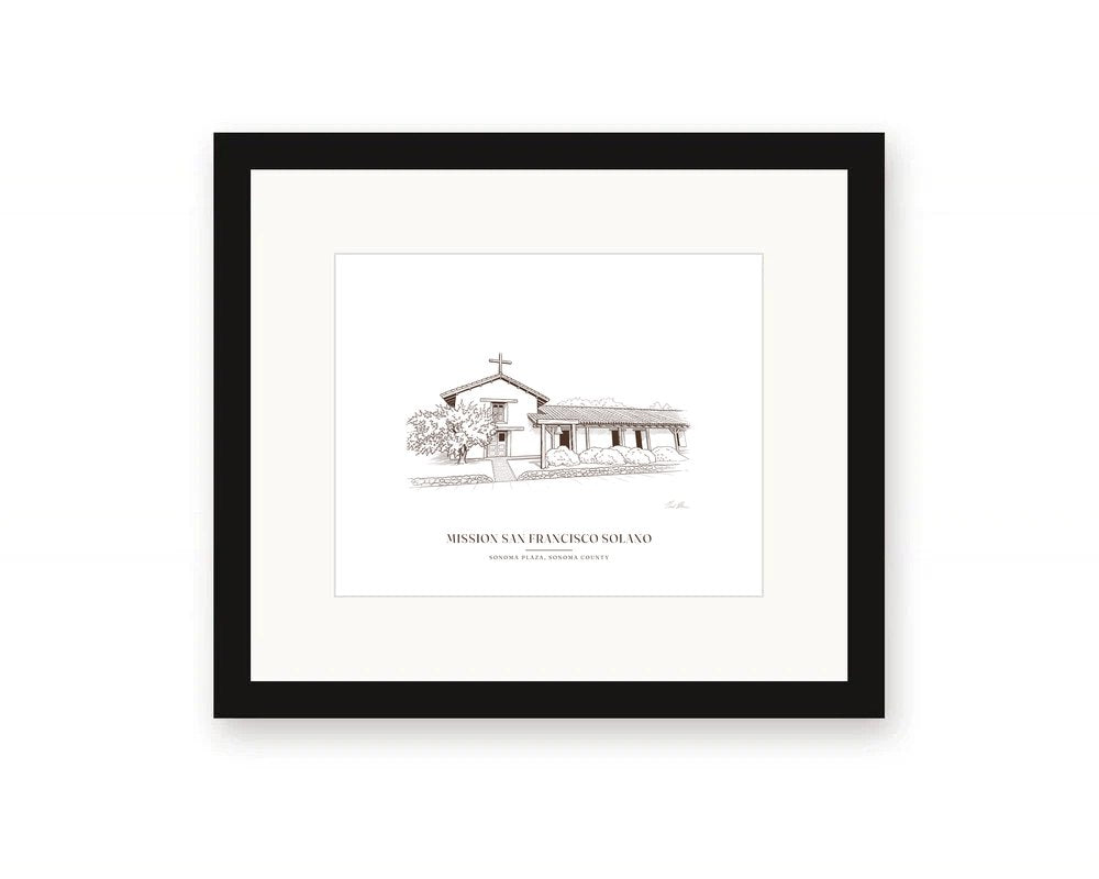 Framed line drawing print of Mission San Francisco Solano on Spain Street in Sonoma, with its whitewashed adobe front and the tree beside it, with a white mat in a black frame