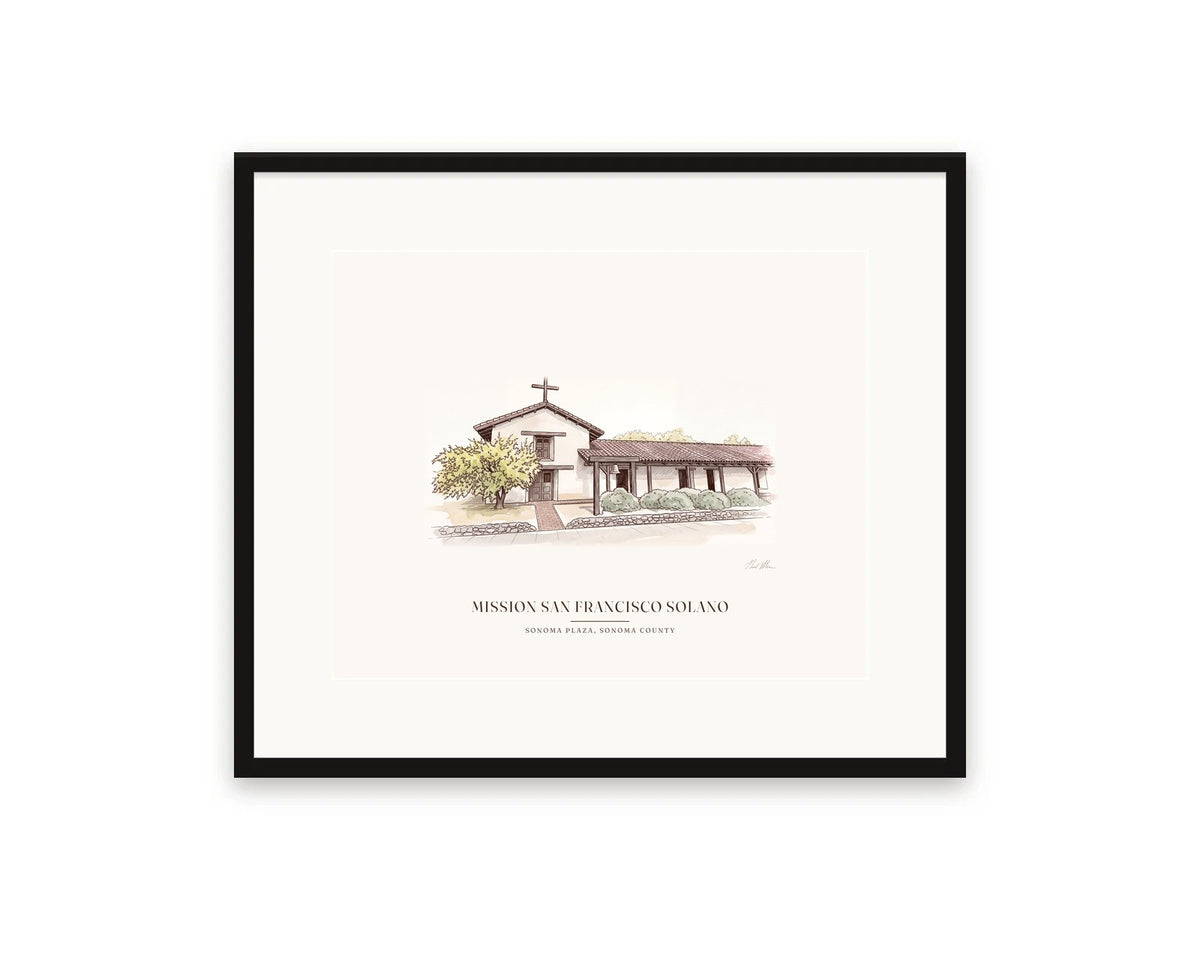 Mission San Francisco Solano watercolor print, 20 x 16 in, in a black frame with a wide white mat
