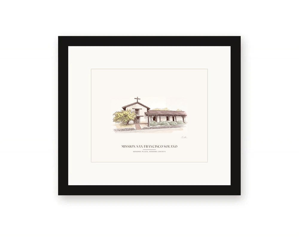 Framed watercolor print of Mission San Francisco Solano on Spain Street in Sonoma, with its whitewashed adobe front and the tree beside it, with a white mat in a black frame