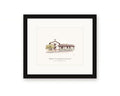 Framed watercolor print of Mission San Francisco Solano on Spain Street in Sonoma, with its whitewashed adobe front and the tree beside it, with a white mat in a black frame