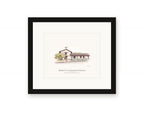 Framed watercolor print of Mission San Francisco Solano on Spain Street in Sonoma, with its whitewashed adobe front and the tree beside it, with a white mat in a black frame
