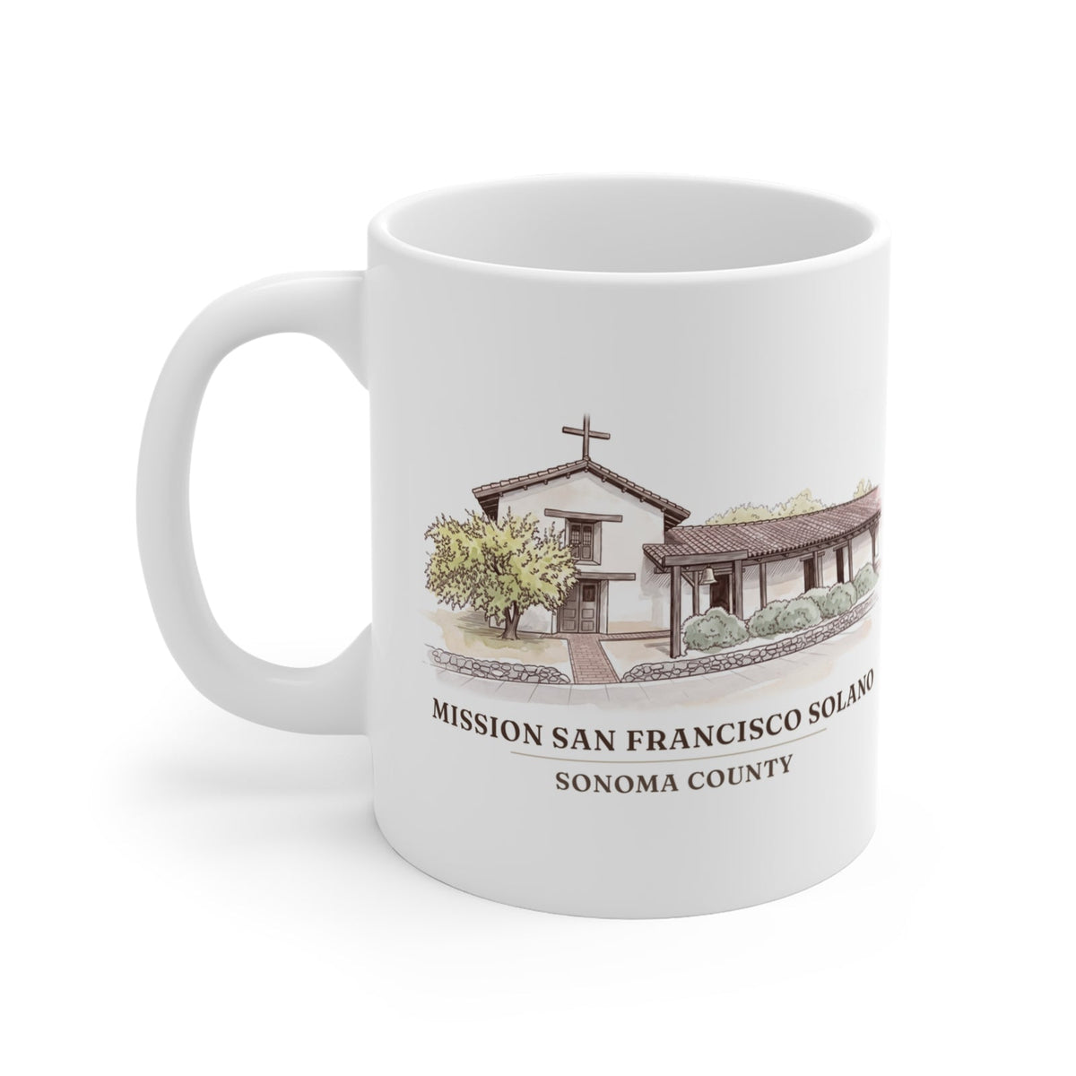 Mission San Francisco Solano watercolor mug with the place name and Sonoma County under the picture
