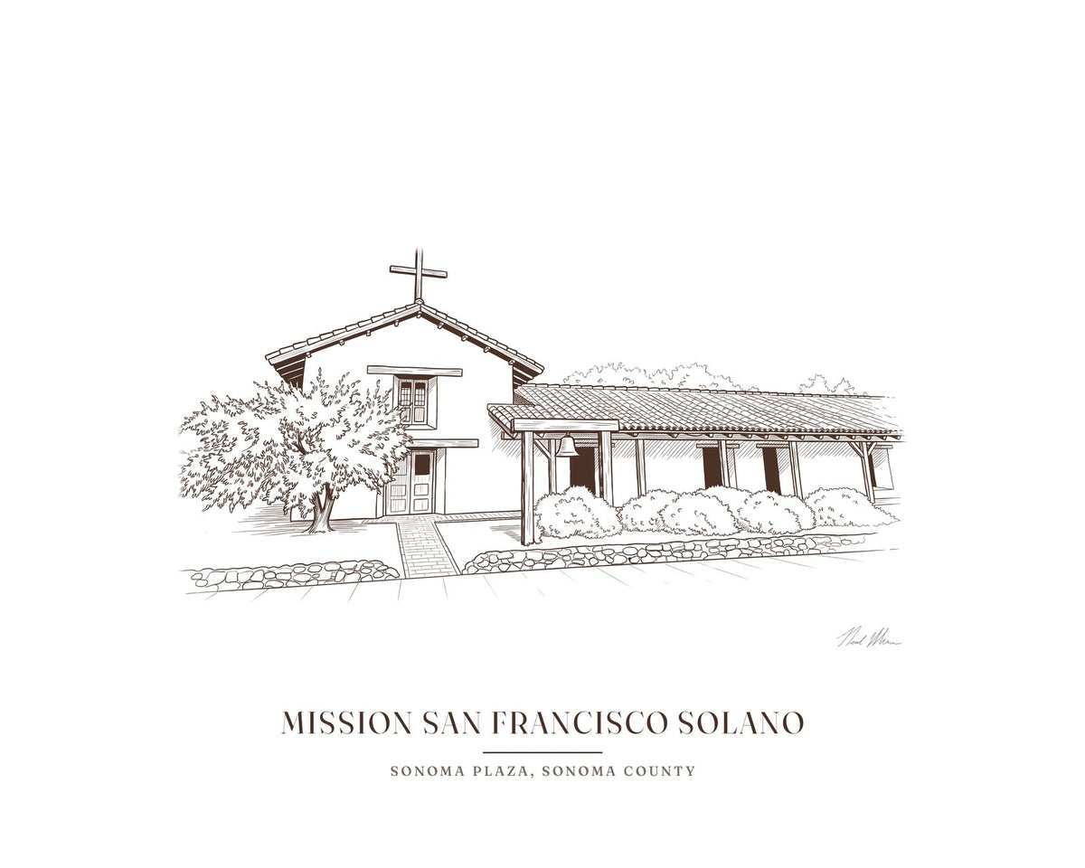 Line drawing print of Mission San Francisco Solano on Spain Street in Sonoma, with its whitewashed adobe front and the tree beside it, in brown line with the place name below