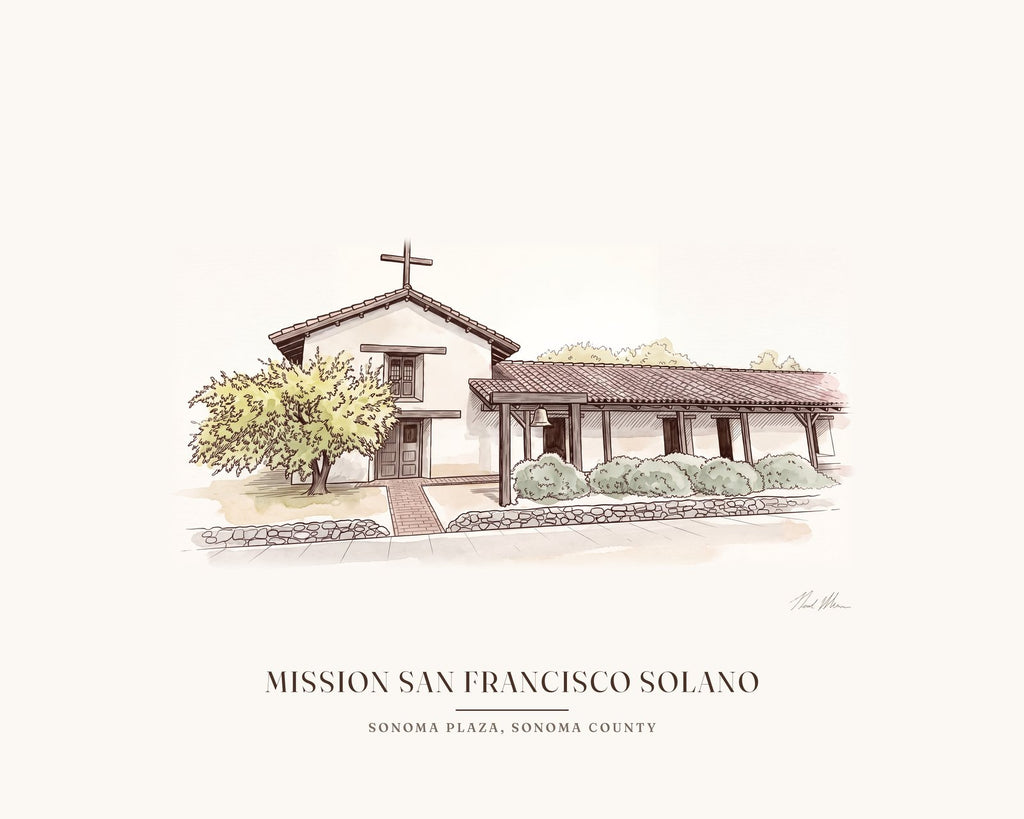 Watercolor print of Mission San Francisco Solano on Spain Street in Sonoma, with its whitewashed adobe front and the tree beside it, with the place name below