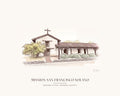 Watercolor print of Mission San Francisco Solano on Spain Street in Sonoma, with its whitewashed adobe front and the tree beside it, with the place name below