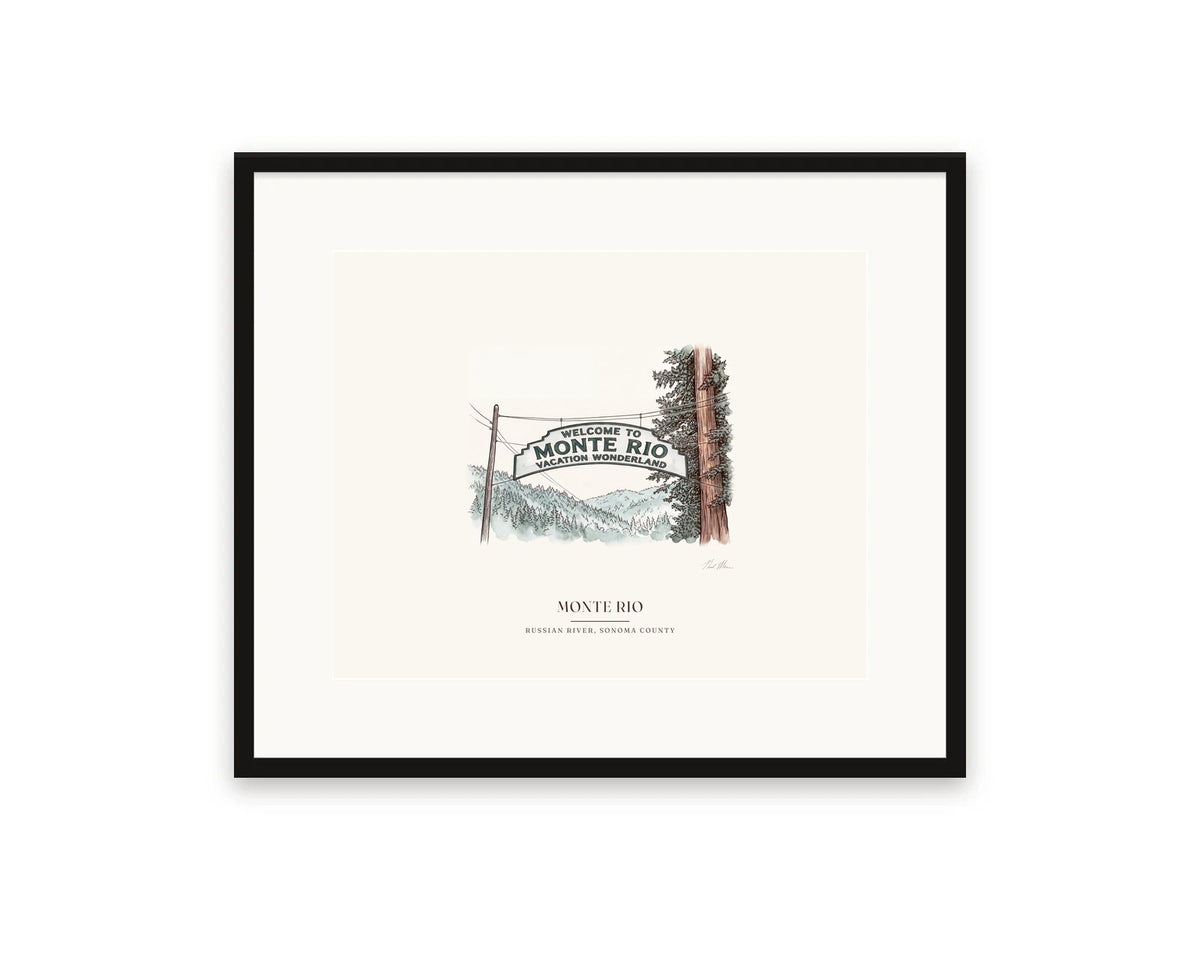 Watercolor print of the Monte Rio Vacation Wonderland sign, 20 x 16 in, in a black frame with a wide white mat