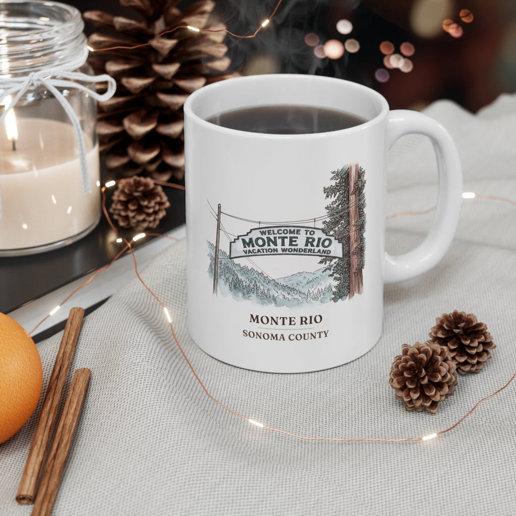 Monte Rio sign mug on a holiday coffee table