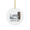 Round ceramic ornament with the Monte Rio sign in watercolor and the place name