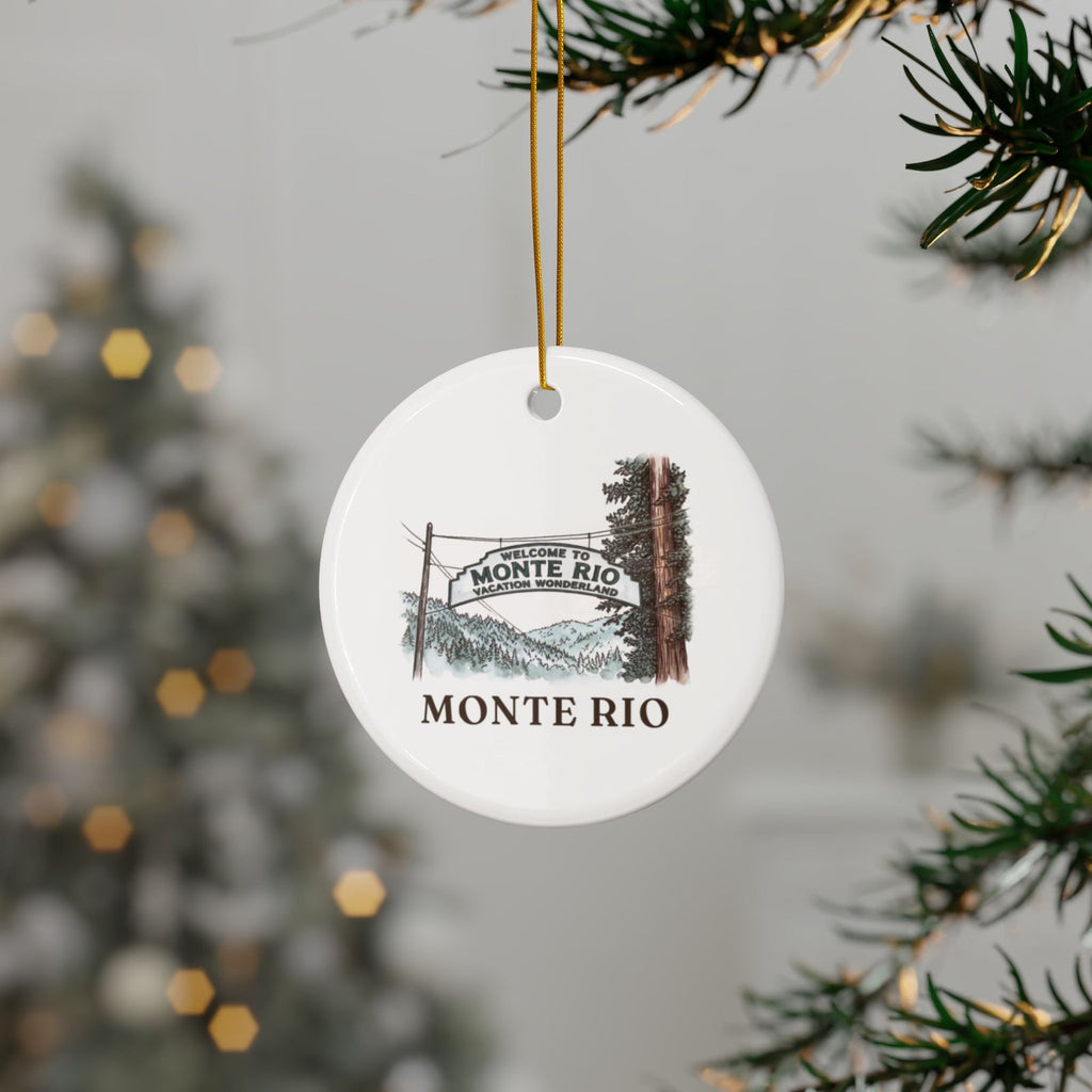 Monte Rio sign ornament hanging on a Christmas tree