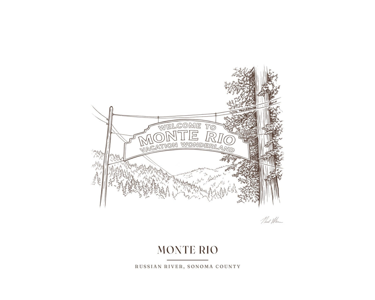Ink drawing print of the Monte Rio Vacation Wonderland sign, signed, with the place name below