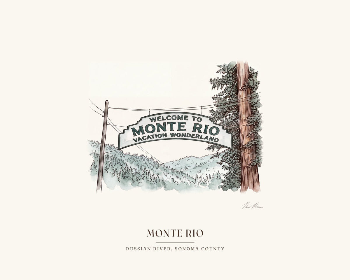 Watercolor print of the Monte Rio Vacation Wonderland sign, signed, with the place name below