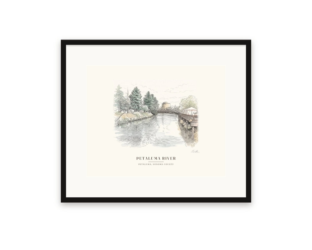 Petaluma River watercolor print, 20 x 16 in, in a black frame with a wide white mat