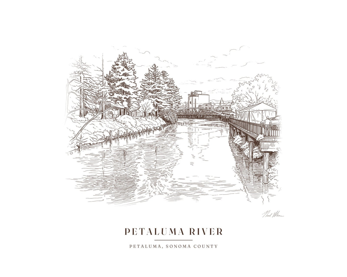 Ink drawing print of the Petaluma River through downtown Petaluma, Sonoma County, with the footbridge and old mill, in brown ink