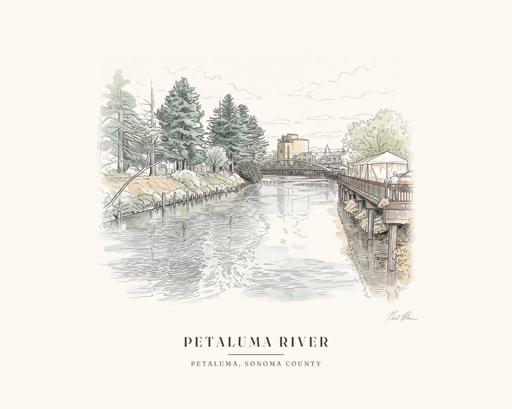 Watercolor art print of the Petaluma River through downtown Petaluma, Sonoma County, with the footbridge and old mill, on cream paper