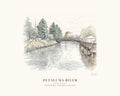 Watercolor art print of the Petaluma River through downtown Petaluma, Sonoma County, with the footbridge and old mill, on cream paper