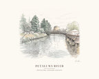 Watercolor art print of the Petaluma River through downtown Petaluma, Sonoma County, with the footbridge and old mill, on cream paper