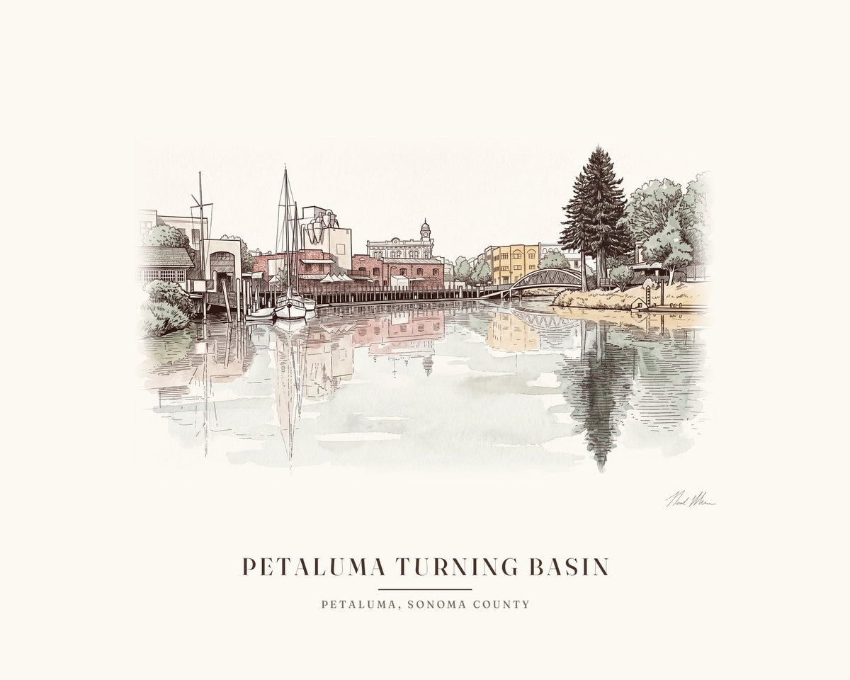 Watercolor of the Petaluma River turning basin with the old mill, docked sailboats, clock tower and footbridge