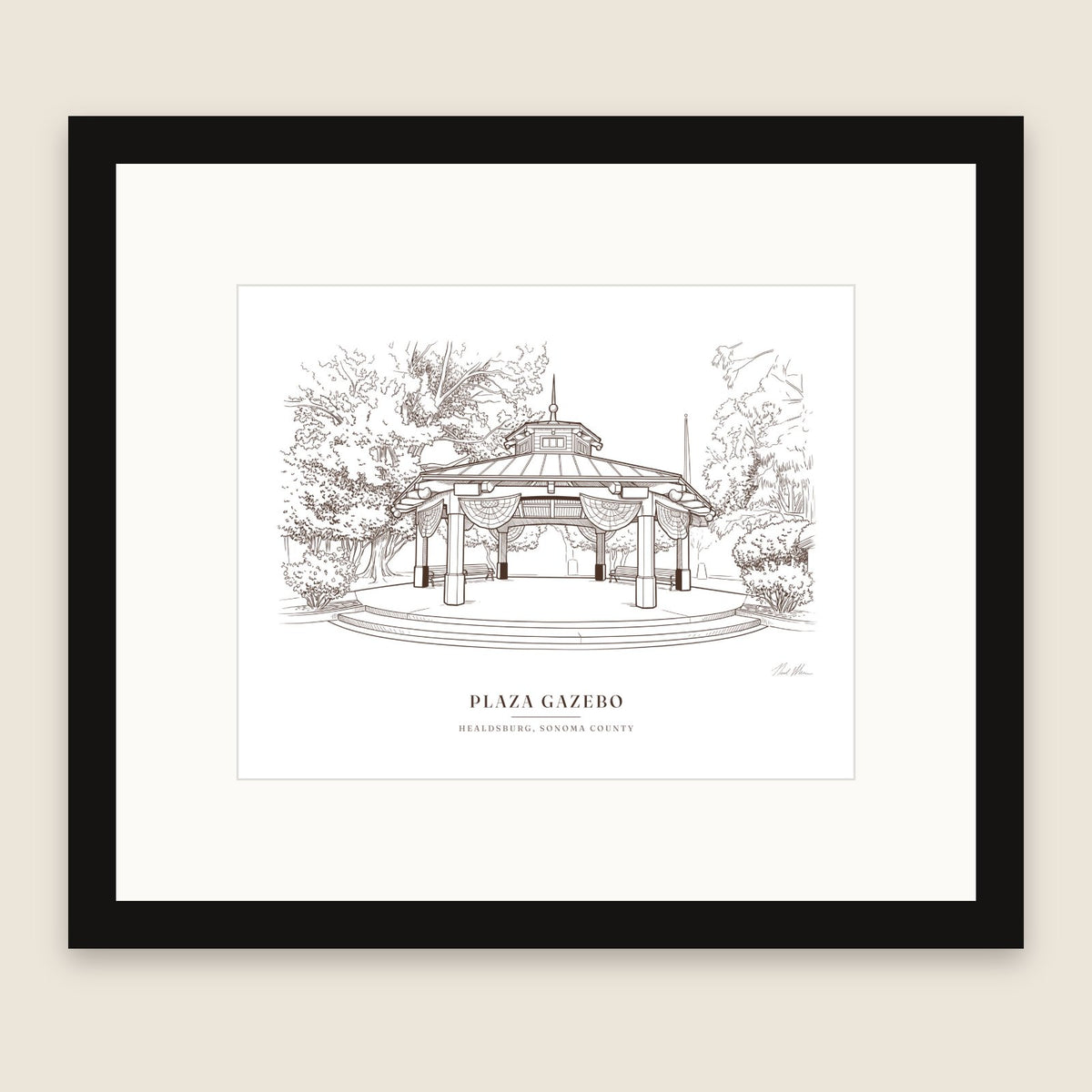 Framed ink drawing of the Healdsburg Plaza gazebo