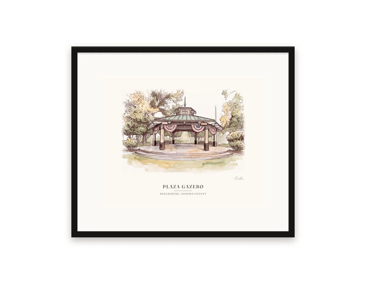 Healdsburg Plaza gazebo watercolor print, 20 x 16 in, in a black frame with a wide white mat