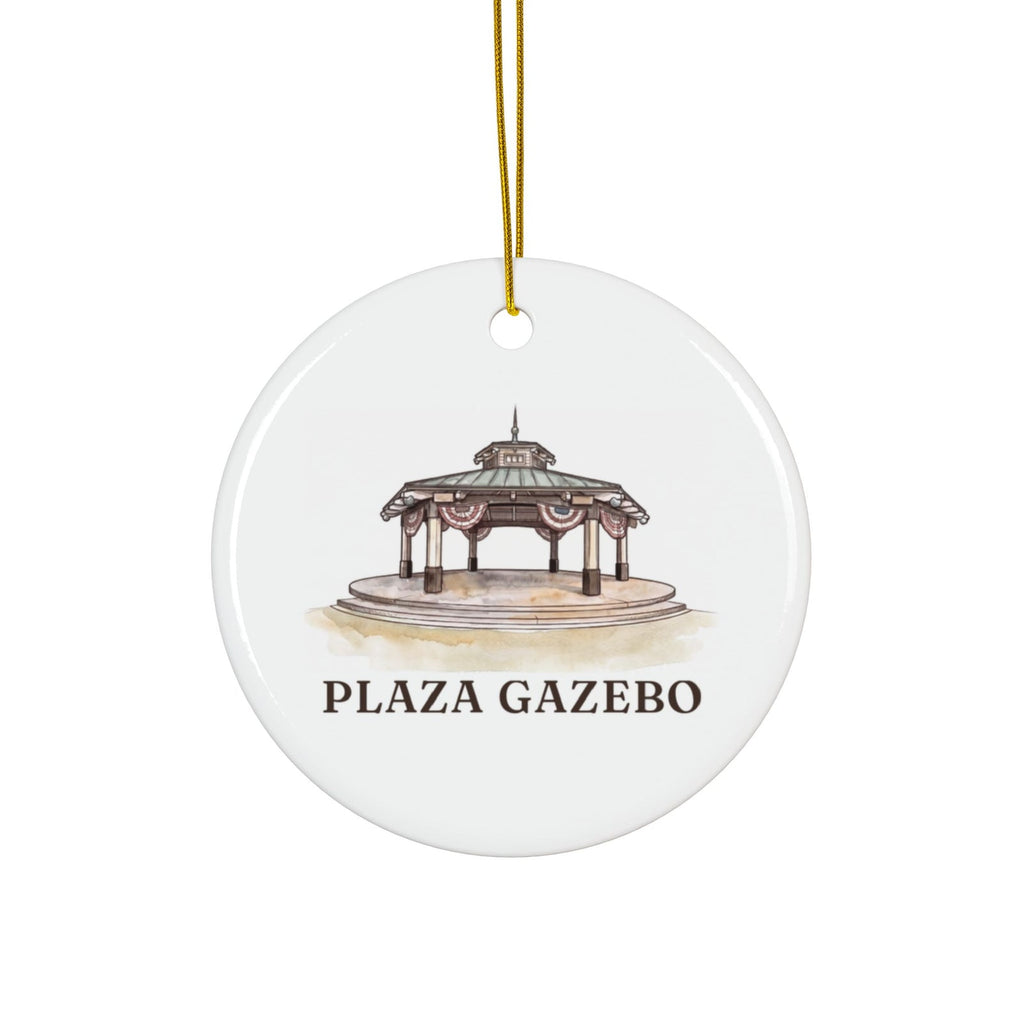 Round ceramic ornament with the Plaza Gazebo in watercolor and the place name