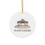 Round ceramic ornament with the Plaza Gazebo in watercolor and the place name