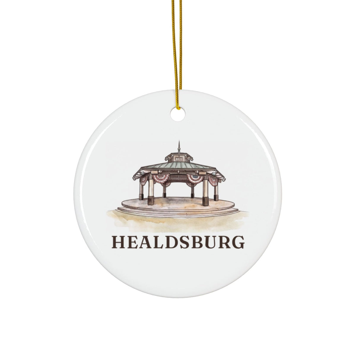 Round ceramic ornament with the Plaza Gazebo in watercolor and the place name