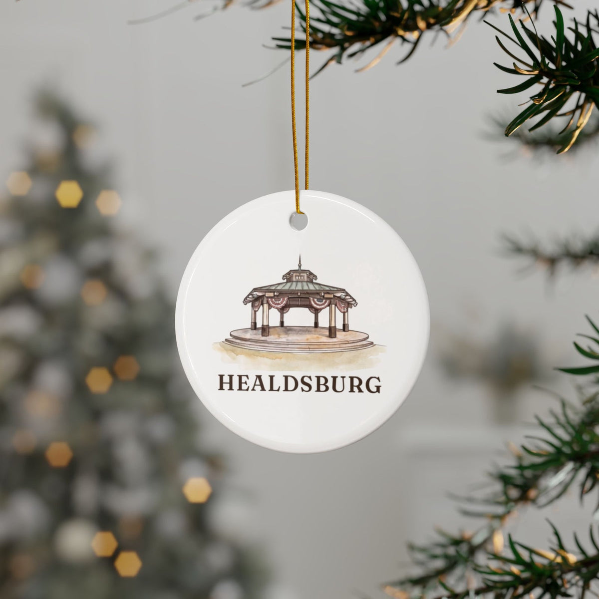 Plaza Gazebo ornament hanging on a Christmas tree