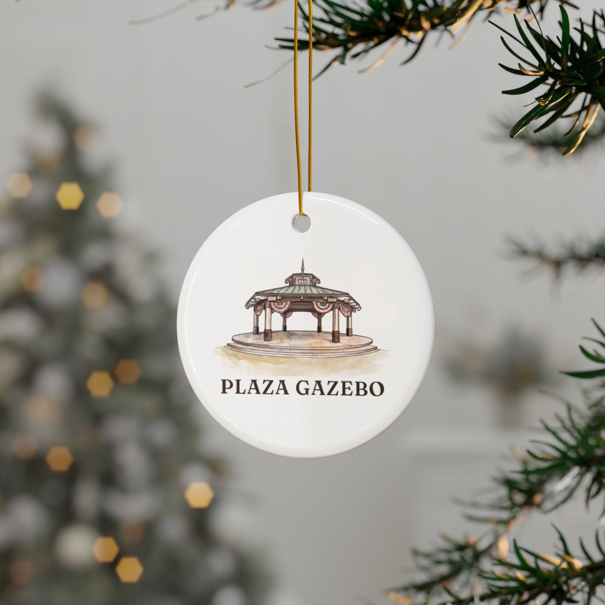 Plaza Gazebo ornament hanging on a Christmas tree