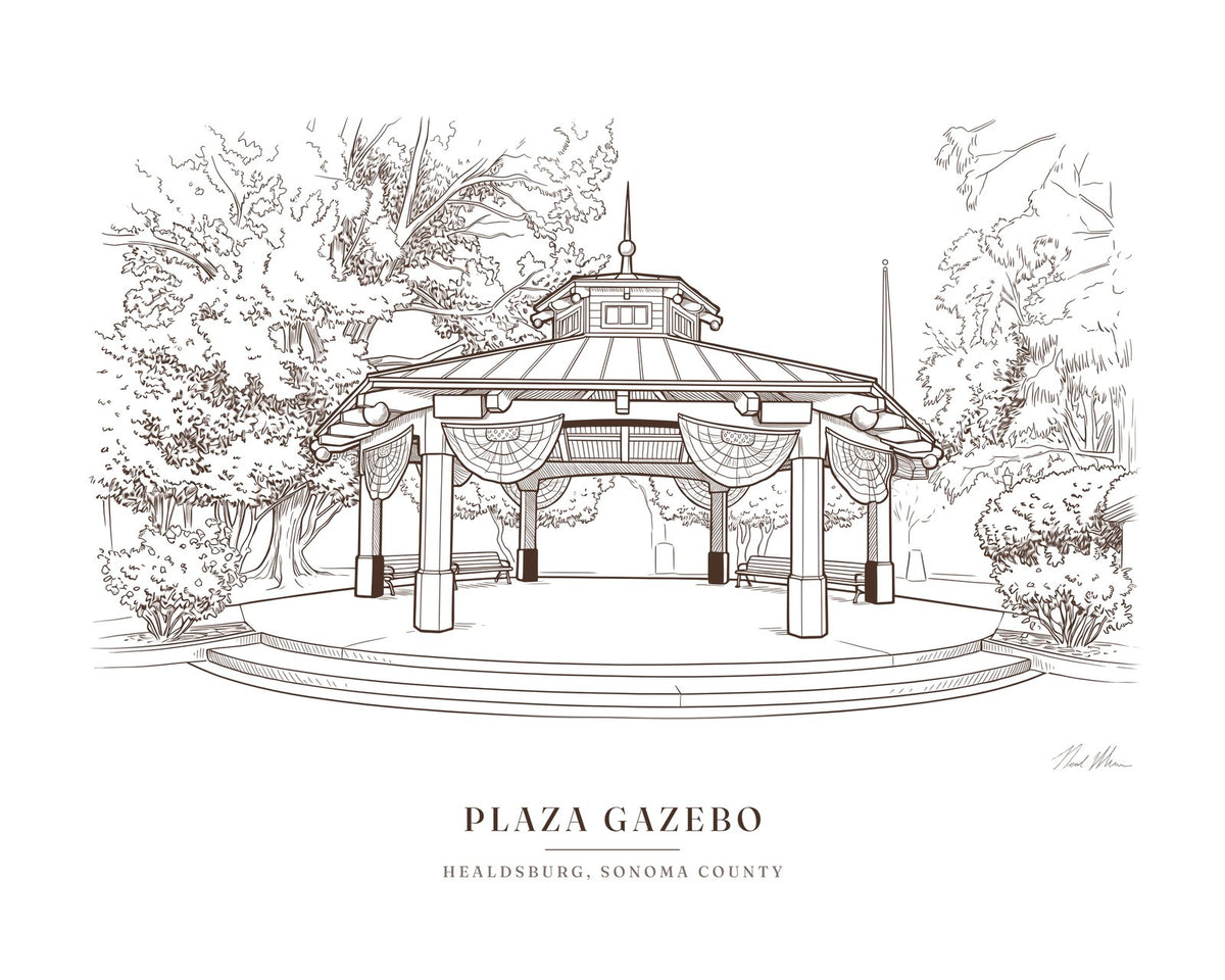 Ink drawing of the Healdsburg Plaza gazebo