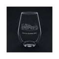 Engraved stemless wine glass with the Healdsburg Plaza gazebo and the word HEALDSBURG, shown on a dark background so the engraving stands out