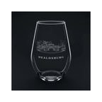 Engraved stemless wine glass with the Healdsburg Plaza gazebo and the word HEALDSBURG, shown on a dark background so the engraving stands out