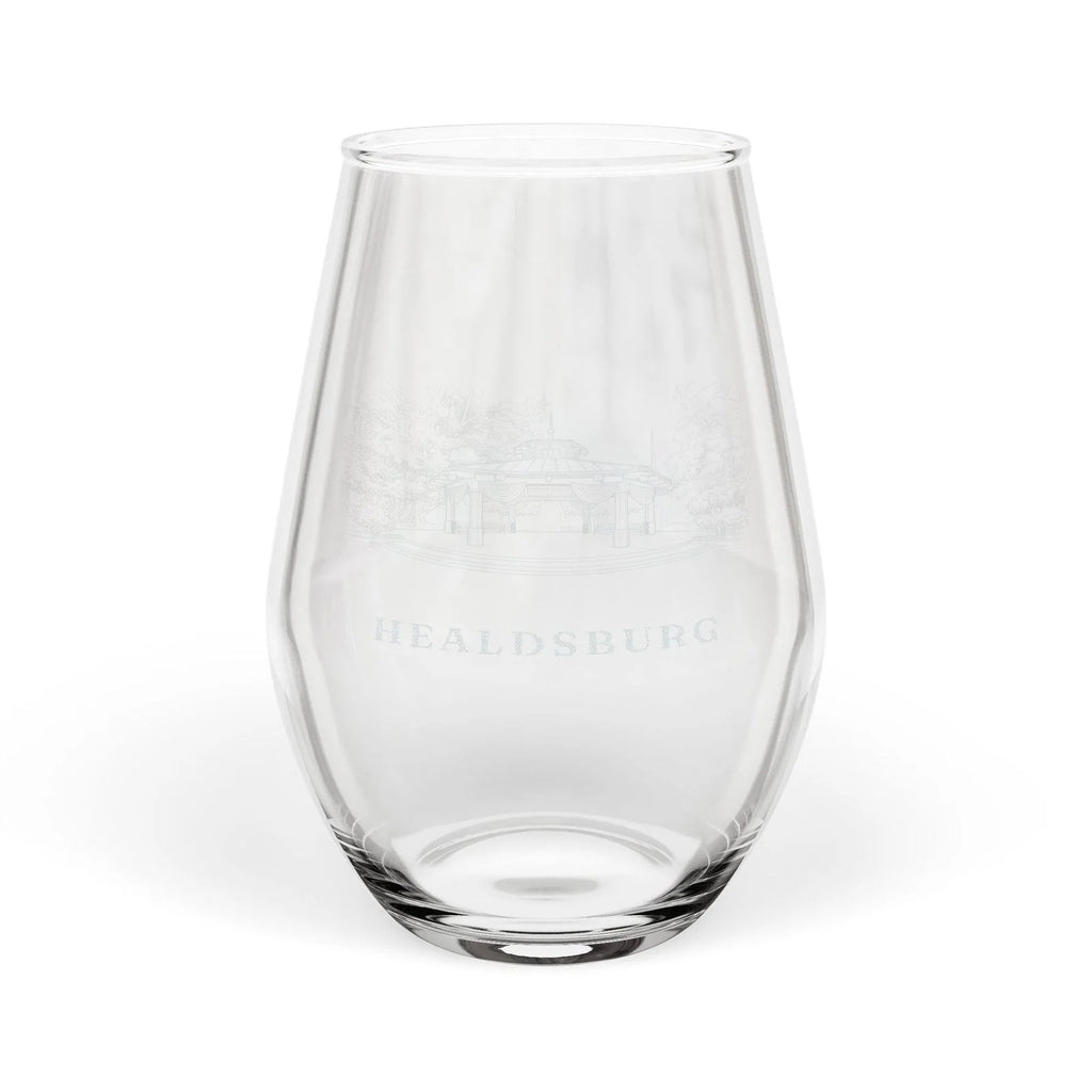 Engraved stemless wine glass with the Healdsburg Plaza gazebo and the word HEALDSBURG, front view