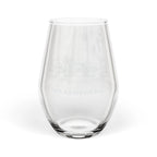 Engraved stemless wine glass with the Healdsburg Plaza gazebo and the word HEALDSBURG, front view