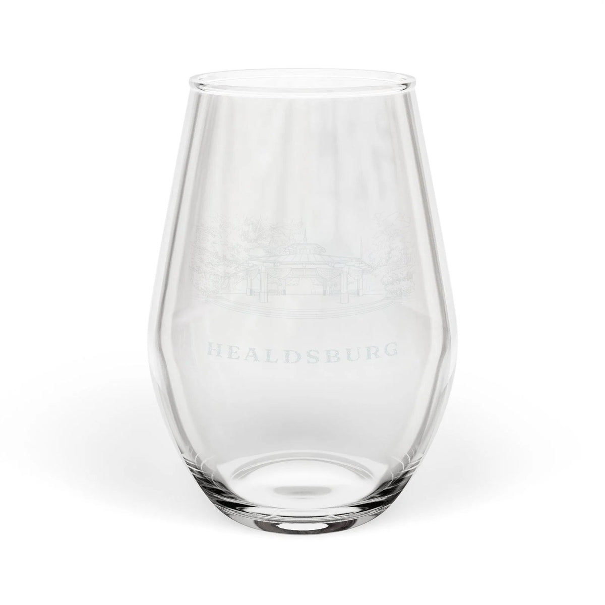 Engraved stemless wine glass with the Healdsburg Plaza gazebo and the word HEALDSBURG, front view