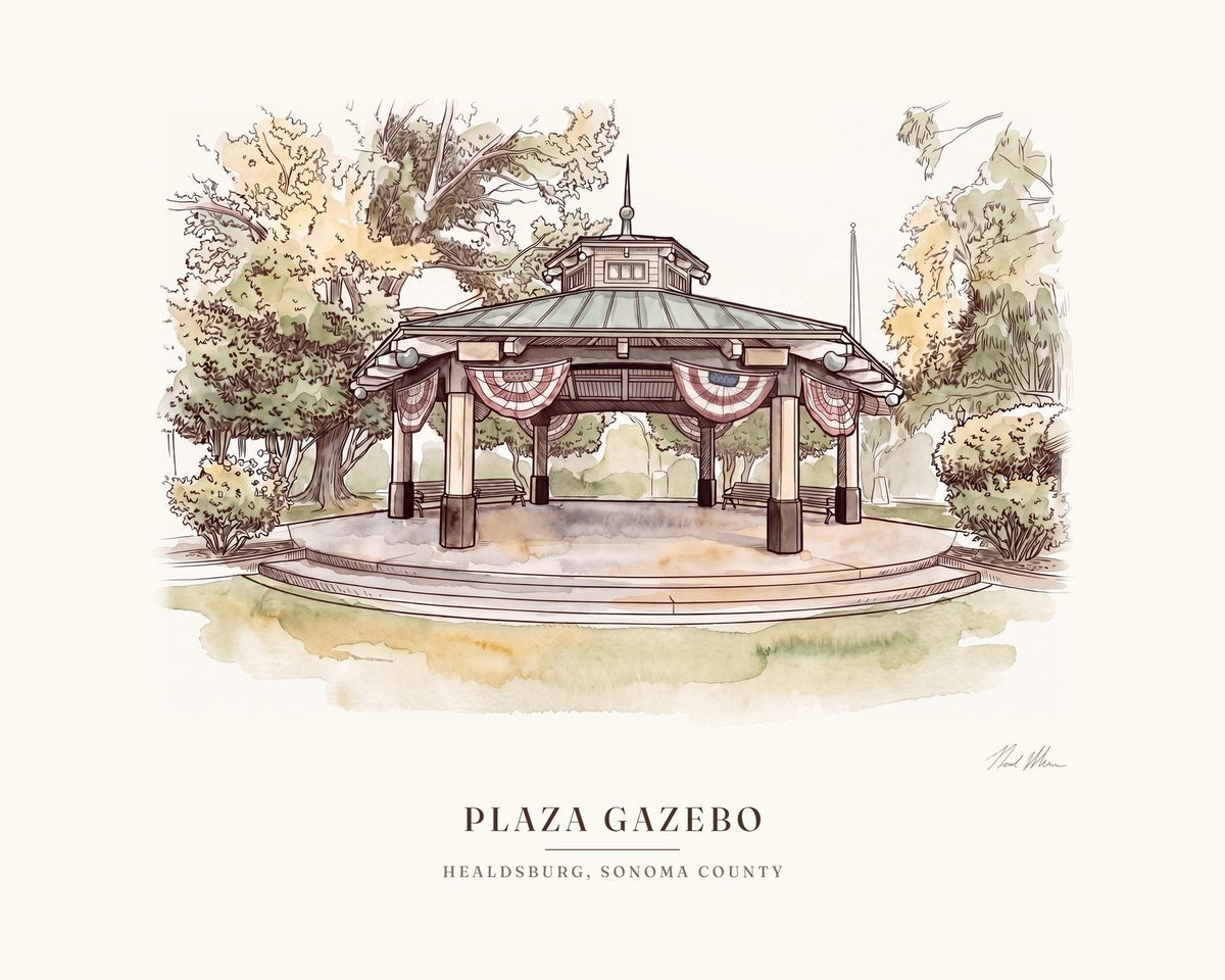 Watercolor of the Healdsburg Plaza gazebo, Sonoma County